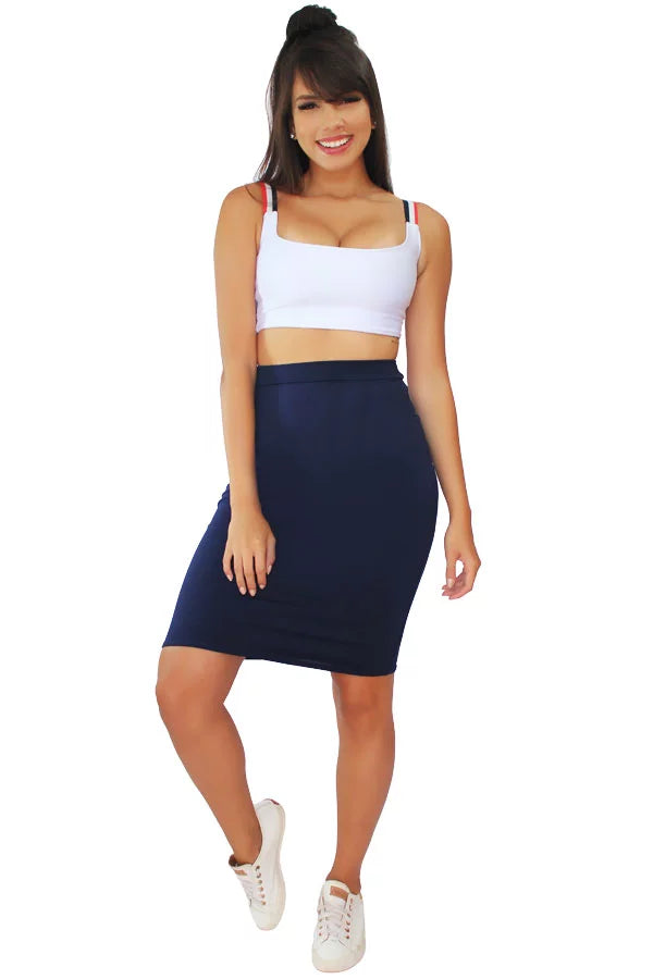 Conjunto Cropped Duplo com Faixa de Listras e Saia Tubinho - Velure Couture