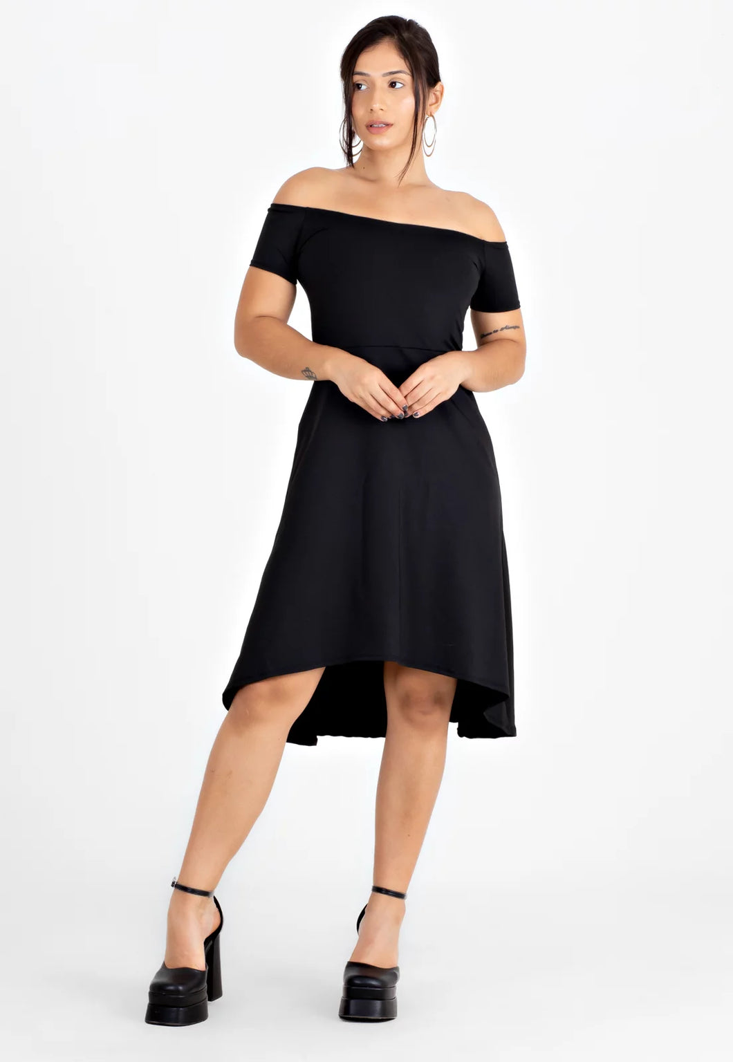 Vestido Feminino Midi Ombro a Ombro Godê Preto - Velure Couture