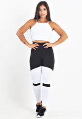 Conjunto Fitness Cropped Branco + Calça Legging Fitness Preto Com Branco