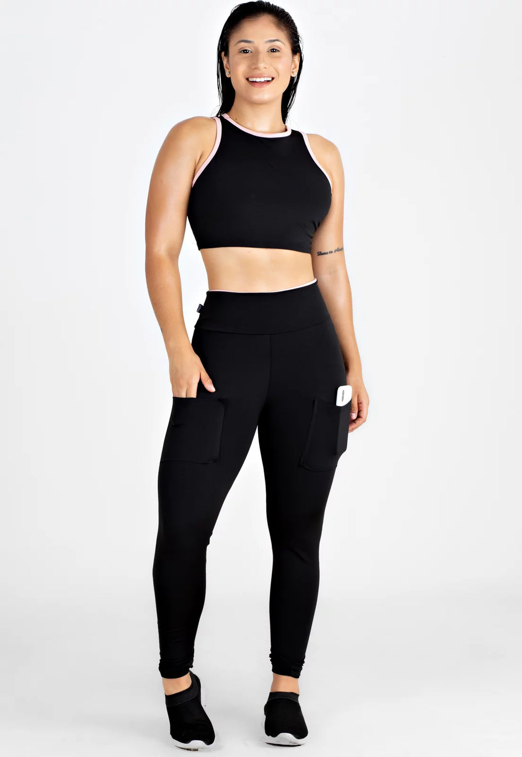 Conjunto Fitness Cropped e Calça Legging Preto Rosê REF: LX98