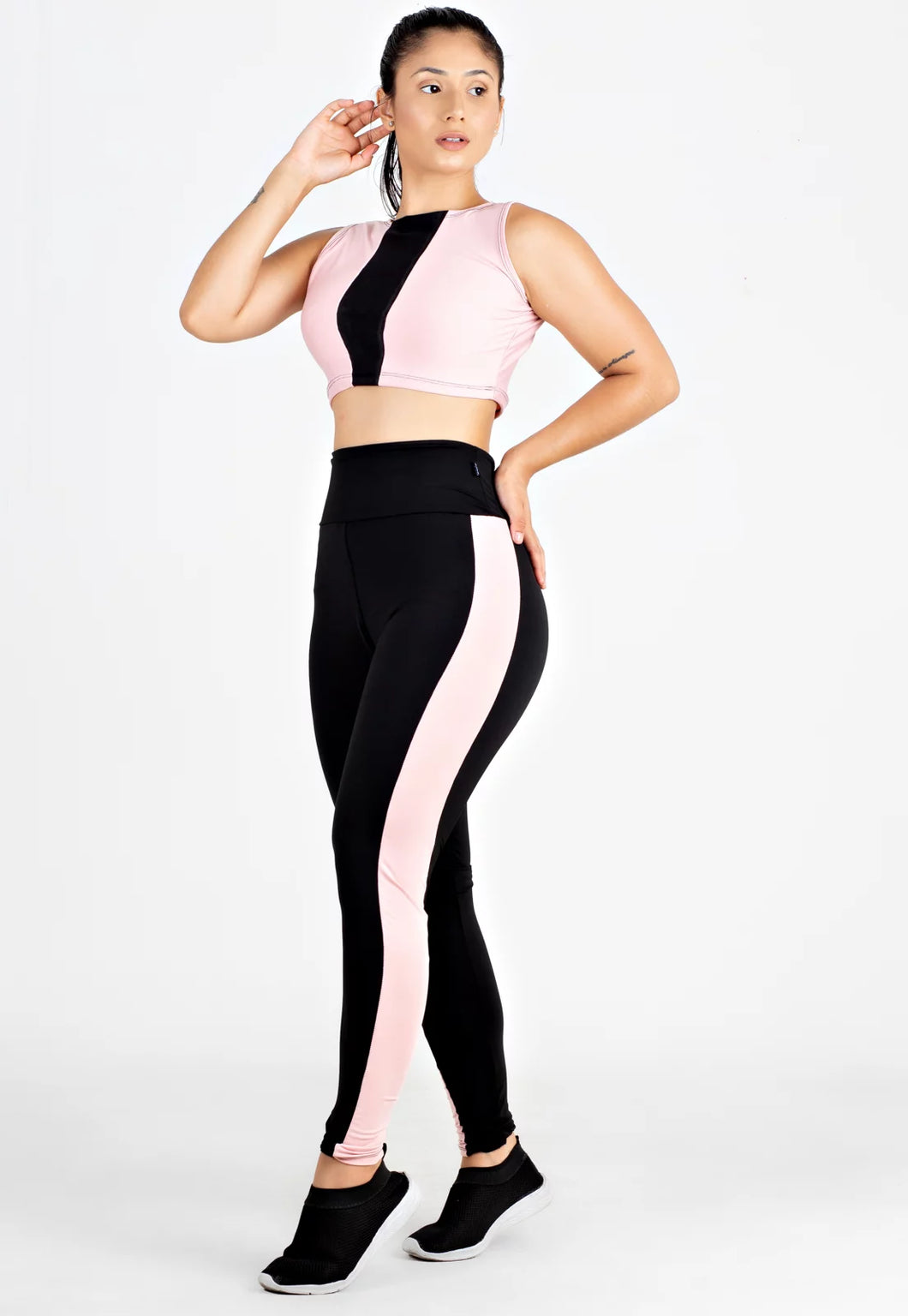 Conjunto Fitness Cropped Top e Calça Legging Preto Rosê REF: LX112