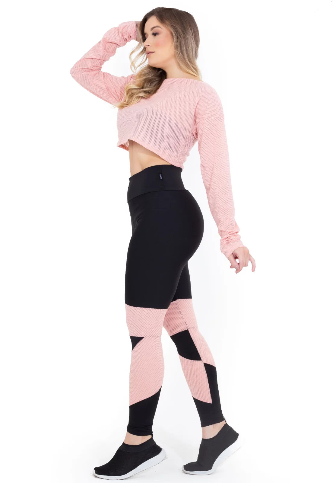 Conjunto Metamorfose Cropped Em Tela + Calça Legging Com Detalhe Rosê - Velure Couture