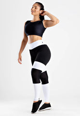 Conjunto Calça Legging Preto e Branco com Tela Cropped Branco com Tela