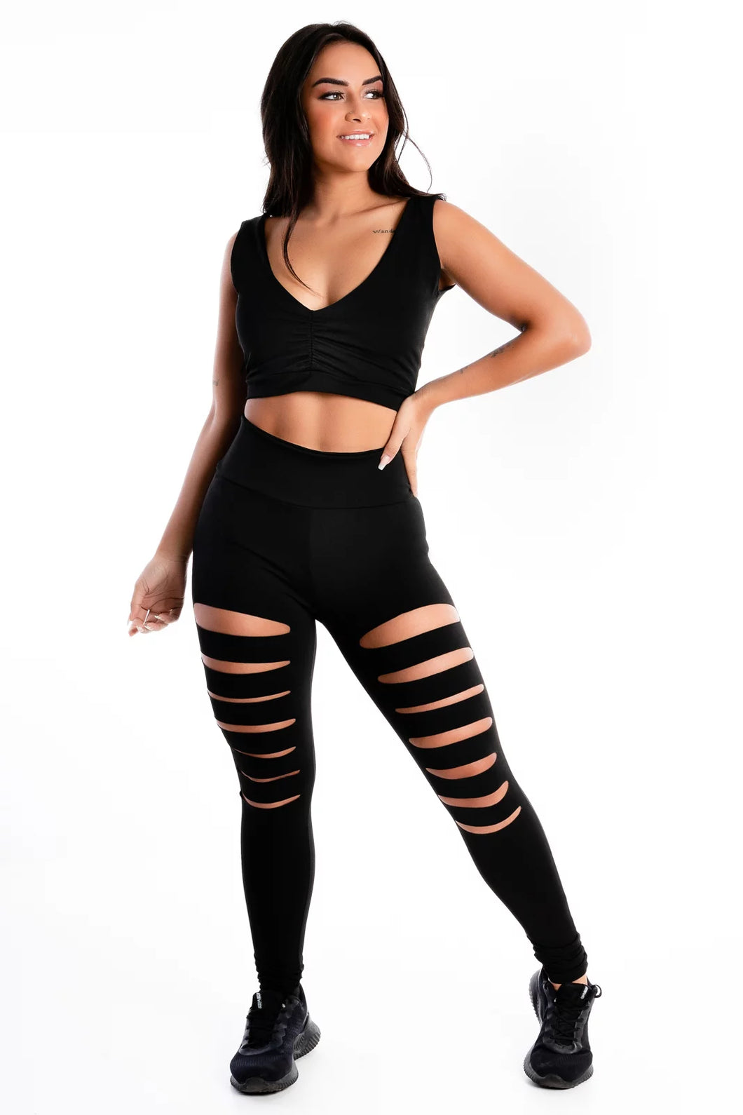 Conjunto Cropped e Calça Legging Rasgada Preto - Velure Couture