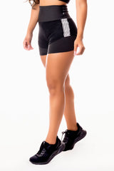 Short Fitness Academia Preto com Tela Dry Fit e Elástico Branco Cintura Alta REF: SV8