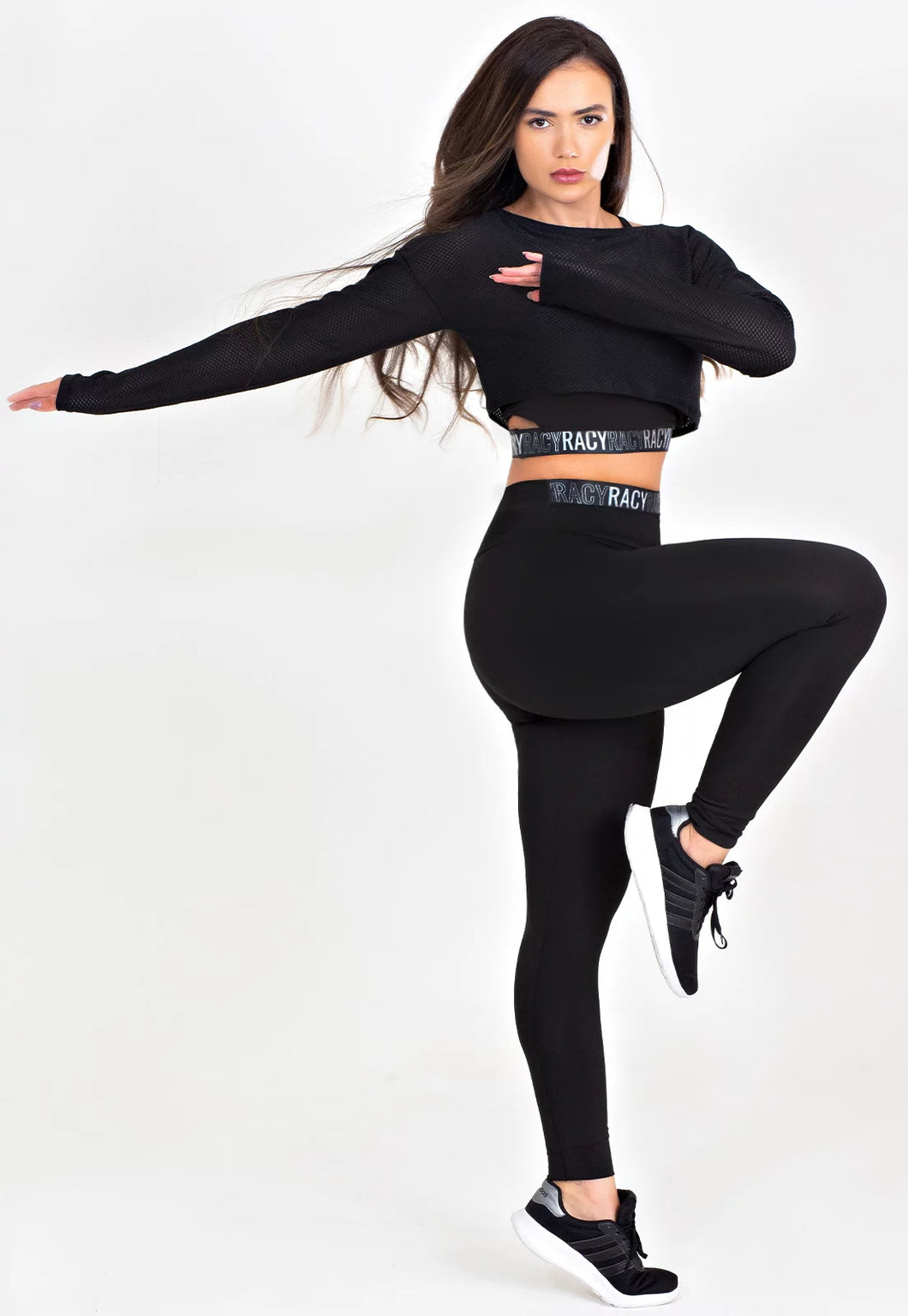 Conjunto Fitness 3 Peças Calça Legging + Top + Cropped de Telinha Preto com Elásticos Racy - Velure Couture