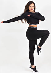 Conjunto Fitness 3 Peças Calça Legging + Top + Cropped de Telinha Preto com Elásticos Racy | CCA9