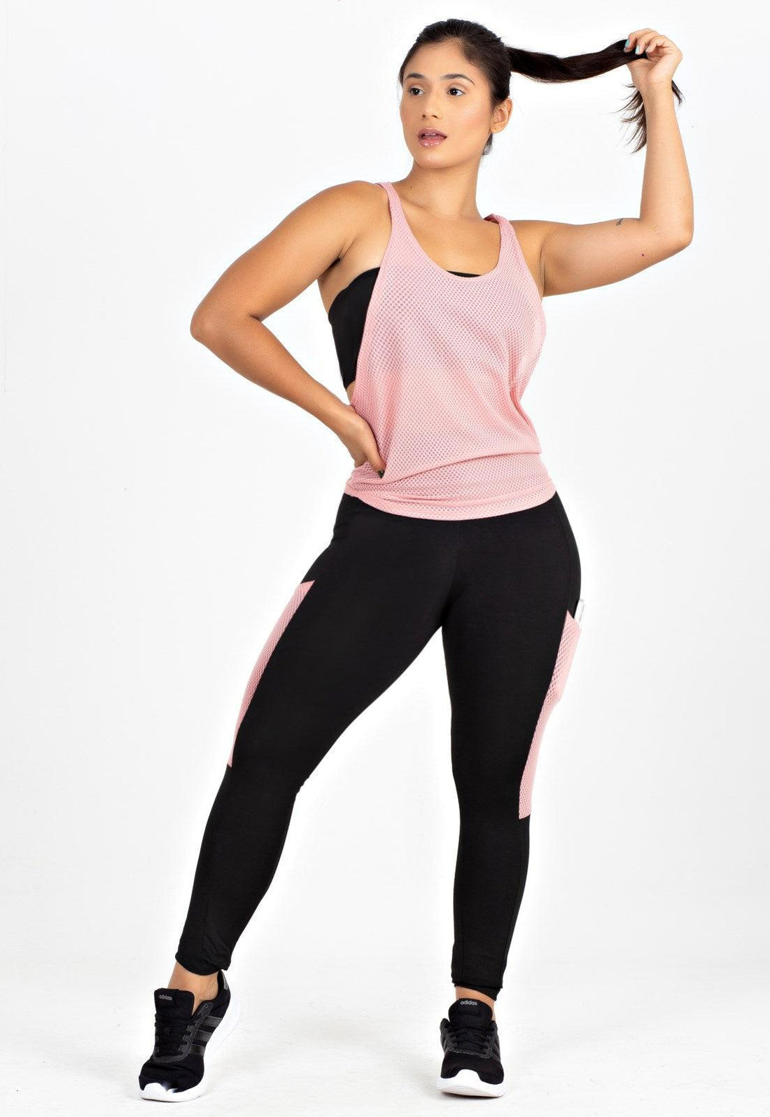 Conjunto Fitness Calça Legging com Bolso em Tela Dry + Regata de Tela + Top Tomara que Caia Preto com Rosé - Velure Couture