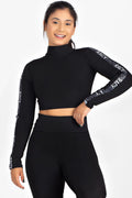 Conjunto Fitness Calça Legging com Elástico Racy e Tela Dry + Cropped Manga Longa Gola Alta Preto - Velure Couture