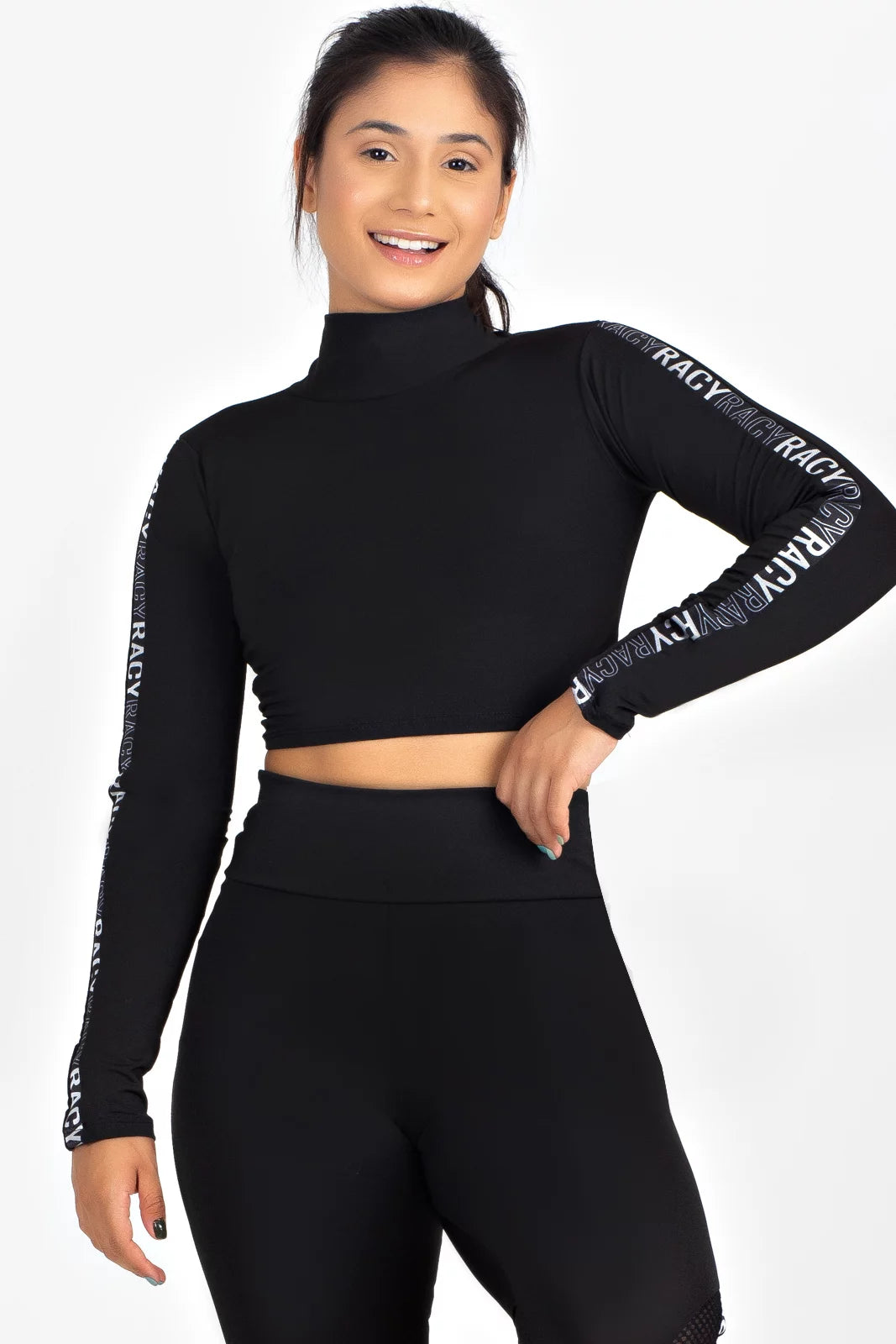 Conjunto Fitness Calça Legging com Elástico Racy e Tela Dry + Cropped Manga Longa Gola Alta Preto - Velure Couture