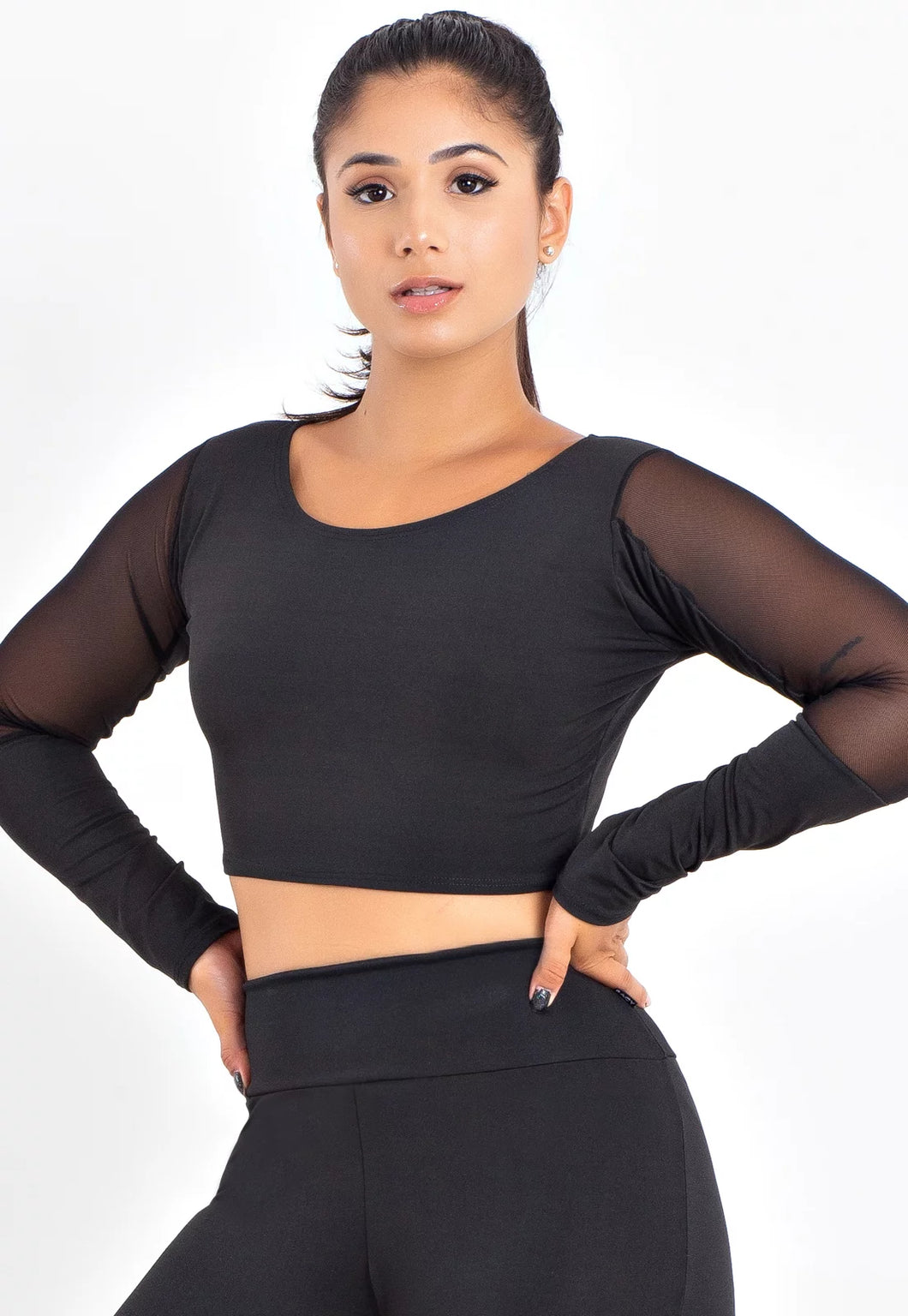 Cropped Manga Longa com Tulê Preto - Velure Couture