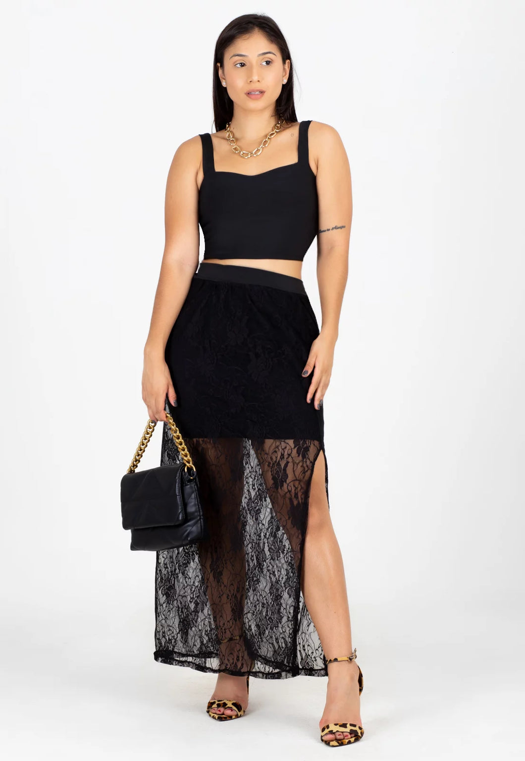 Conjunto Cropped e Saia de Renda com Fenda Lateral Preto - Velure Couture