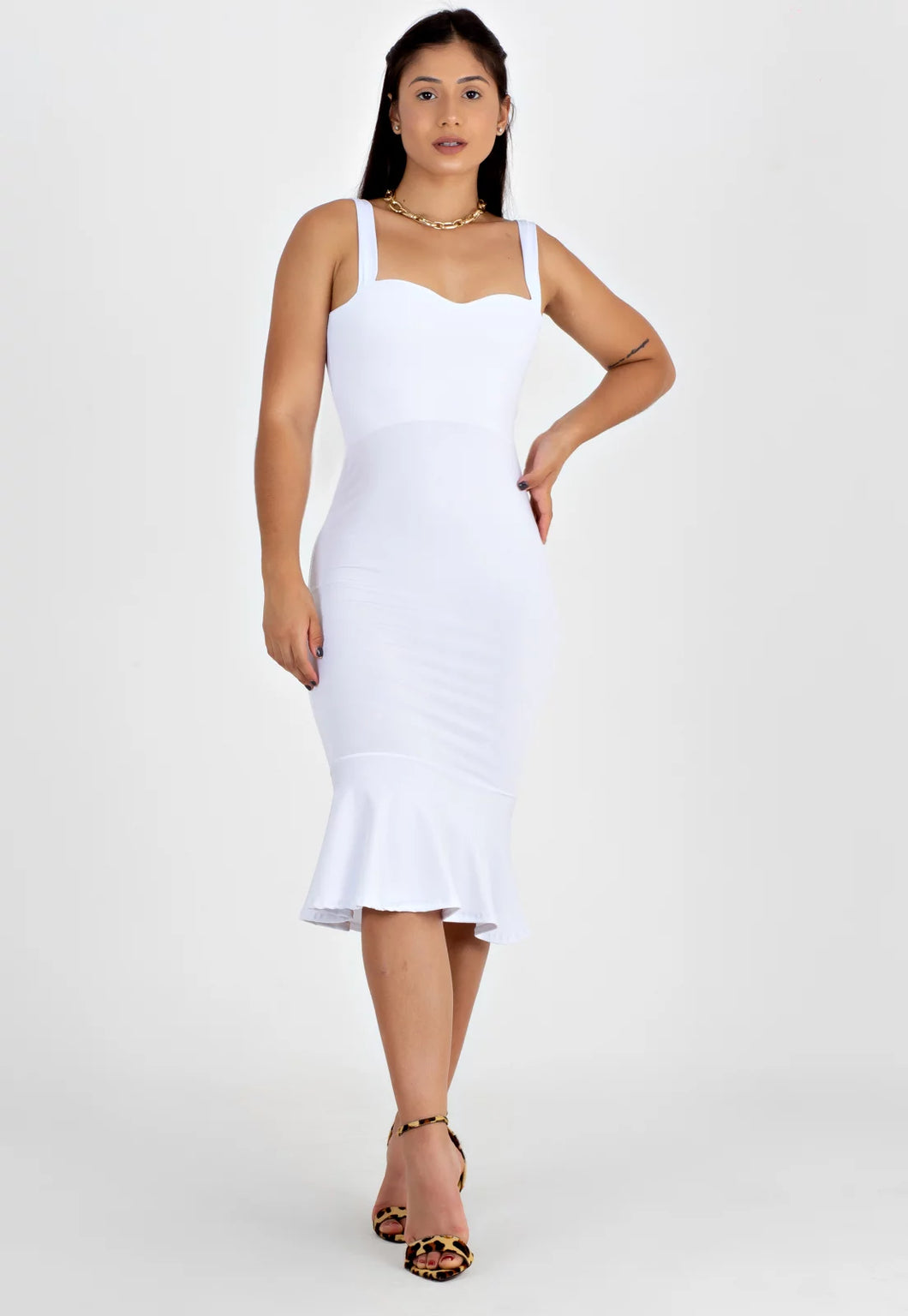 Vestido Midi Alcinha com Babado Branco - Velure Couture