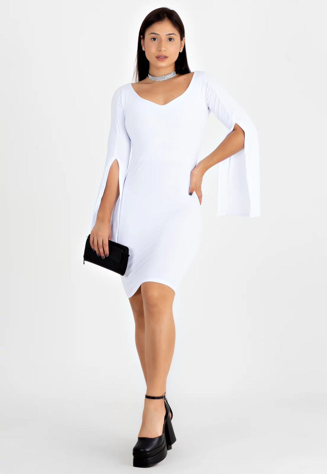 Vestido Tubinho Manga Longa Flare Branco - Velure Couture