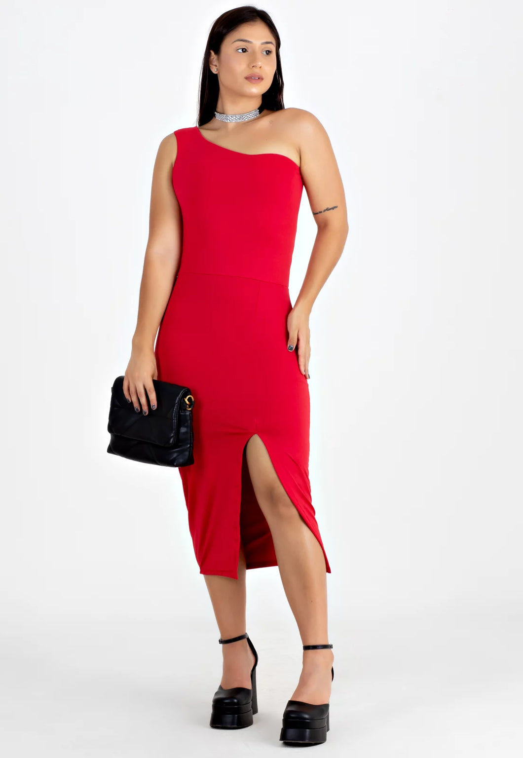 Vestido Midi Tubinho com Fenda e Manga Única Vermelho - Velure Couture