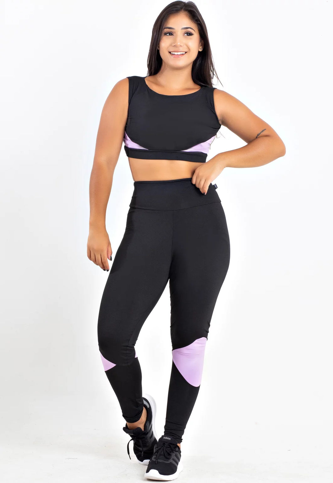 Conjunto Fitness Cropped + Calça Legging Triângulo Preto com Lilás - Velure Couture